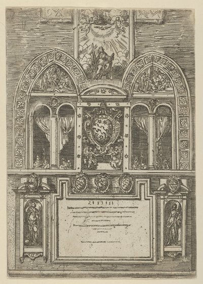 Fasade på Palazzo del Senato i Bologna med de pavelige våpen i sentrum, med midlertidig ..., 1598. av Guido Reni