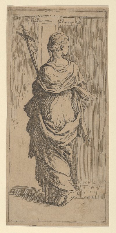 Jente som bærer et krusifiks og går mot en pilaster, sett bakfra, ca. 1590-1600. av Guido Reni