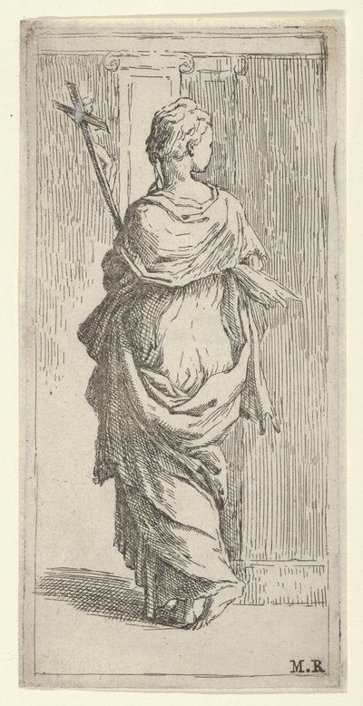 Jente som bærer et krusifiks og går mot en pilaster, sett bakfra, ca. 1590-1600. av Guido Reni