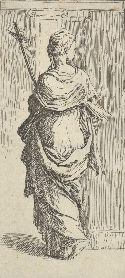 Jente som bærer et krusifiks og går mot en pilaster, sett bakfra, ca. 15..., ca. 1590-1600. av Guido Reni