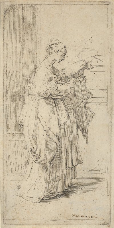 Jente som bærer en pute, sett i profil mot høyre, 1590-1690. av Guido Reni