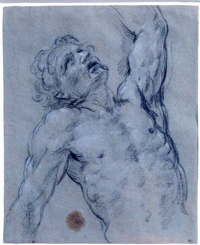 Halvfigur av naken mann, snur seg bakover og later til å lide Svart steintegning av Guido Reni kalt The Guide (1573-1642). Søn 0,26x0,21 m Paris, musee du Louvre av Guido Reni