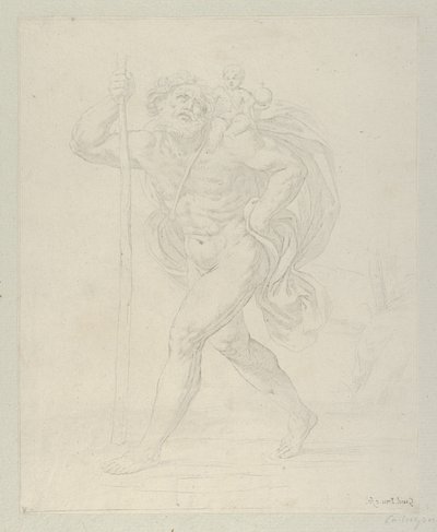Saint Christopher går med spedbarnet Kristus på venstre skulder, motpro..., ca. 1600-1640. av Guido Reni