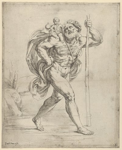Saint Christopher går med spedbarnet Kristus på høyre skulder, ca. 1600-1640. av Guido Reni