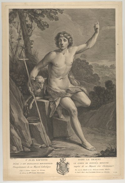 Døperen Johannes i ørkenen, sittende på en stein og peker oppover med venstre h..., 1770 av Guido Reni