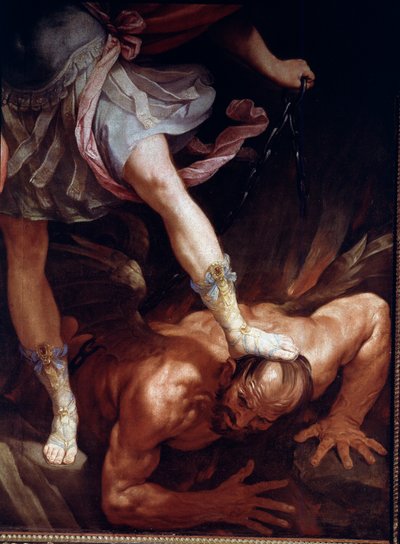 Saint Michael knuser hodet til demonen. Detalj av sandalskoene (Silkemaleri av Guido Reni