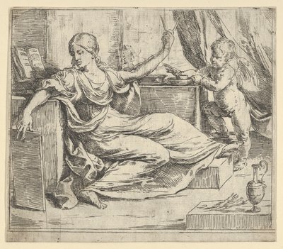 Sittende kvinne som holder et nettbrett og kompass allegori om læring, en bevinget putto ..., ca. 1600-1640. av Guido Reni