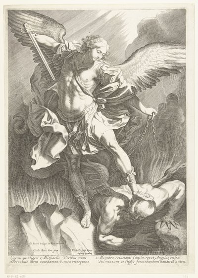 Erkeengelen St Michael beseirer djevelen, gravert av Pieter de Bailliu, 1623-60 av Guido Reni