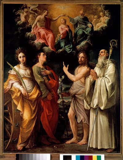 Jomfruens kroning med fire hellige (Catherine av Alexandria, Johannes evangelisten, døperen Johannes og Bernard) - Jomfru Maria er representert i himmelen med treenigheten (Jesus Kristus, Gud og Den Hellige Ånds due (Den Hellige Ånd) (Coronat av Guido Reni