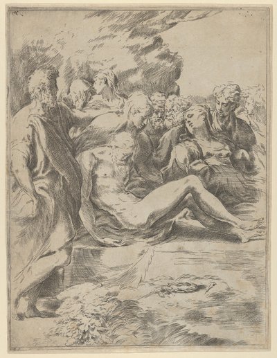 Gravleggingen, Kristus med utstrakte ben, Jomfruen til høyre, 1590-1600. av Guido Reni