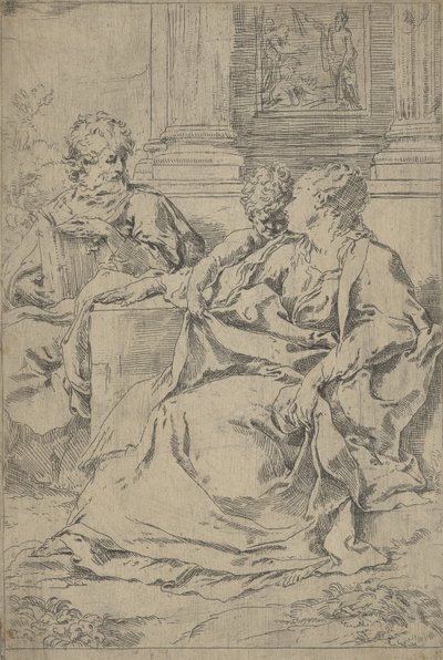 Den hellige familie satt sammen foran en søylegang, Saint Joseph leste og..., ca. 1590-1610. av Guido Reni
