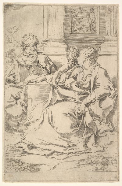 Den hellige familie med bibelsk scene i bakgrunnen. av Guido Reni