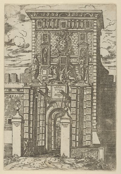 Porta Galliera, inngangsporten til Bologna og vindebro med midlertidige dekorasjoner..., 1598. av Guido Reni