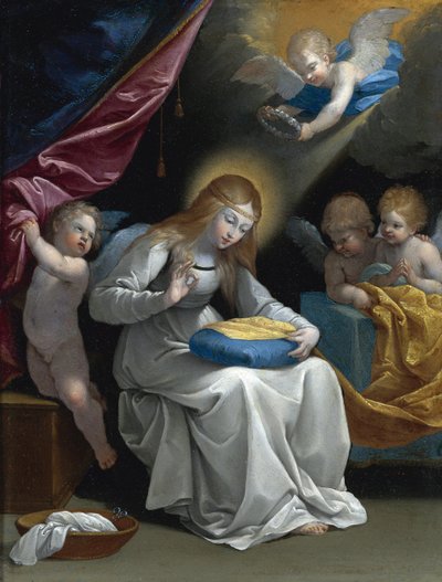 The Virgin Sewing, akkompagnert av fire engler (La Couseuse) av Reni, Guido (1575-1642). Olje på kobber, størrelse : 28,5x21,5, , Privat samling av Guido Reni