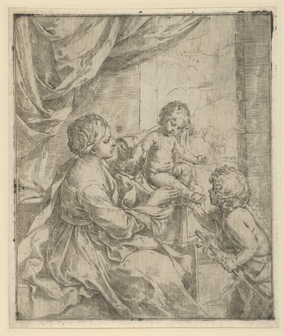 Jomfruen og barnet ved et bord med den unge døperen Johannes, ca. 1600-1640. av Guido Reni