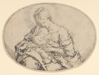 Jomfruen som holder spedbarnet Kristus, en oval komposisjon, ca. 1600-1640. av Guido Reni