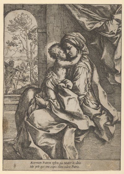 Jomfruen satt med Kristusbarnet på fanget og omfavnet henne, Joseph så..., ca. 1600-1613. av Guido Reni