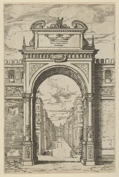 Triumfbue overvunnet av en statue av Moses, bygninger sett gjennom buen nedenfor, en t..., 1598. av Guido Reni