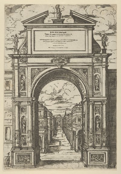 Triumfbue overvunnet av en statue som representerer byen Bologna, bygninger sett fra..., 1598. av Guido Reni