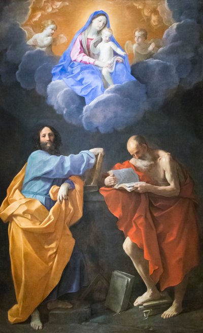 Virgin in Glory med de hellige Thomas og Hieronymus (olje på lerret) av Guido Reni