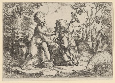 Den unge døperen Johannes kneler foran spedbarnet Kristus som kjærtegner hans f..., ca. 1600-1640. av Guido Reni