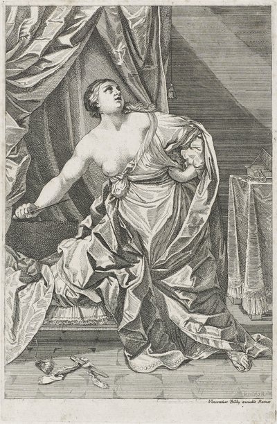 Lucretias død, ca. 1700-50, muligens Antonio Billy (aktiv første halvdel av 1700-tallet) (radering på papir) av Guido after Reni