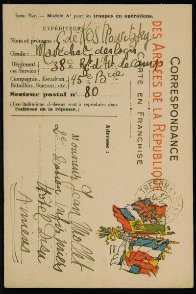 Autografpostkort til Jean Mollet, datert 16. september 1915 av Guillaume Apollinaire