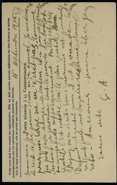 Autografpostkort til Jean Mollet, datert 16. september 1915 av Guillaume Apollinaire