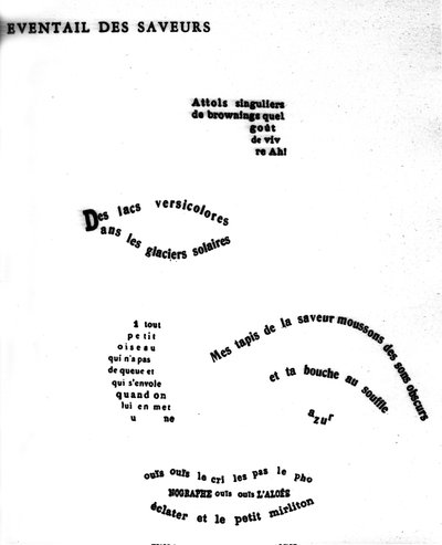 Calligram av Guillaume Apollinaire (1880-1918) som skildrer et ansikt: "The eventance of flavours"" av Guillaume Apollinaire