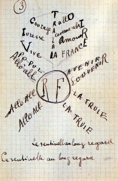 Calligram av Guillaume Apollinaire - i "" Cotton in the ears", autografmanuskript av 17 blader av Guillaume Apollinaire