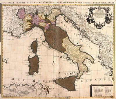 Kart over Italia, med Korsika, Sardinia og Sicilia (radering av Guillaume Delisle