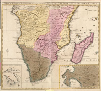 Kart over Meridional Afrika (Angola, Namibia, Zambia, Zimbabwe, Mosambik, Sør-Afrika) med øya Madagaskar (radering av Guillaume Delisle
