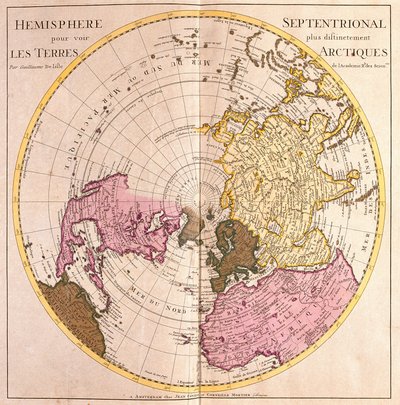 Kart over den nordlige halvkule, arktisk landbeskrivelse (sterkt vann av Guillaume Delisle