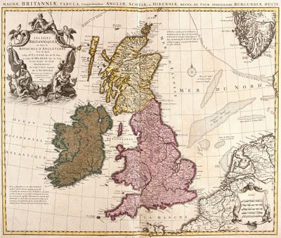 Kart over De britiske øyer, kongedømmene England, Skottland og Irland (etsing av Guillaume Delisle