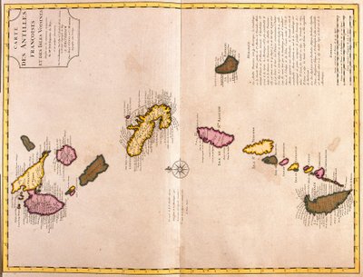 Kart over de karibiske øyene (Guadeloupe, Marie Galante, Dominica, Martinique, Saint Lucia, Saint Vincent, Barbados, Grenadinene og Grenada) (radering) av Guillaume Delisle