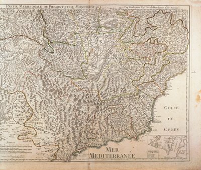Sørlige Piemonte-regionen, Monferrato og Vestlige Liguria-regionen. Kart av Guillaume de l'Isle, Paris, Kobbergravering. 1707 av Guillaume Delisle