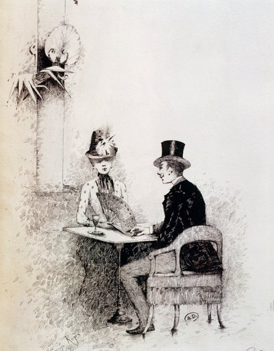 Par i parisisk kafé (blekk på papir) av Guillaume Georges Roger