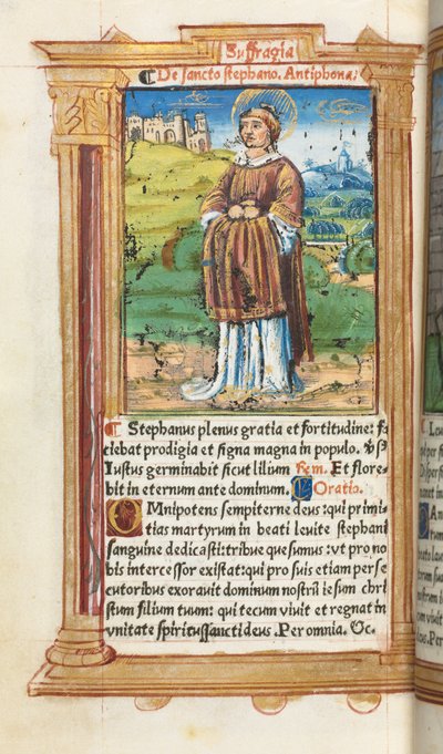 Trykt Timebok Bruk av Roma: fol. 100v, St. Stephen, 1510. av Guillaume Le Rouge