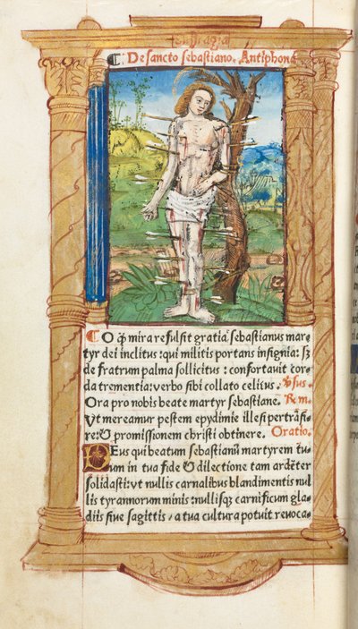 Trykt Timebok Bruk av Roma: fol. 102v, St. Sebastian, 1510. av Guillaume Le Rouge