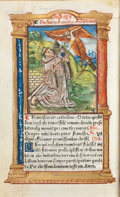 Trykt Timebok Bruk av Roma: fol. 106v, St. Frans av Assisi, 1510. av Guillaume Le Rouge