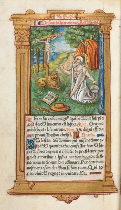Trykt Timebok Bruk av Roma: fol. 107v, St. Hieronymus og løven, 1510. av Guillaume Le Rouge