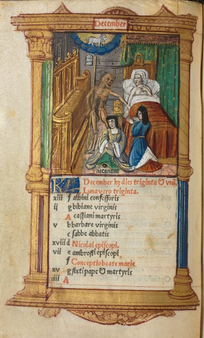 Trykt Timebok Bruk av Roma: fol. 13v, desember kalenderside, 1510. av Guillaume Le Rouge