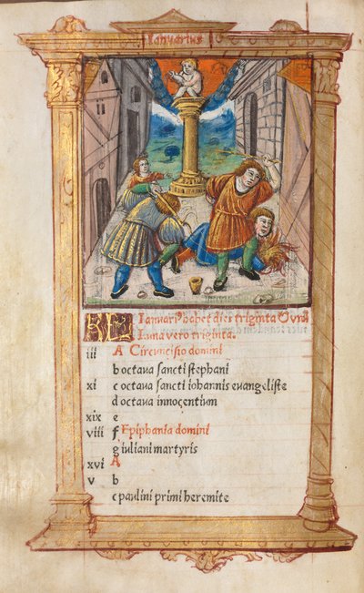 Trykt Timebok Bruk av Roma: fol. 2v, januarkalenderillustrasjon, 1510. av Guillaume Le Rouge