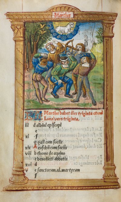 Trykt Timebok Bruk av Roma: fol. 4v, mars kalenderillustrasjon, 1510. av Guillaume Le Rouge