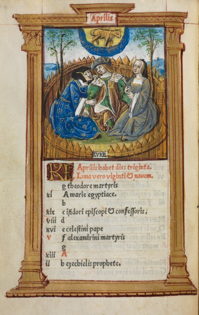 Trykt Timebok Bruk av Roma: fol. 5v, april-kalenderillustrasjon, 1510. av Guillaume Le Rouge