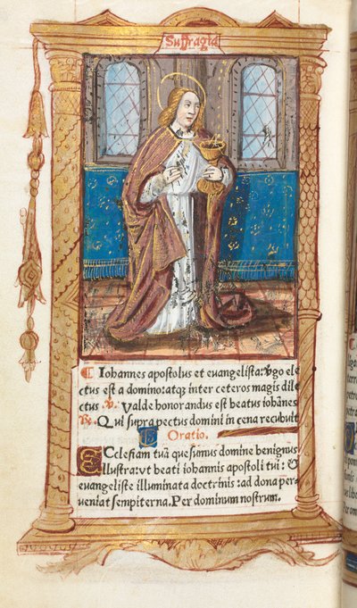 Trykt Timebok Bruk av Roma: fol. 98v, St. Johannes evangelisten, 1510. av Guillaume Le Rouge