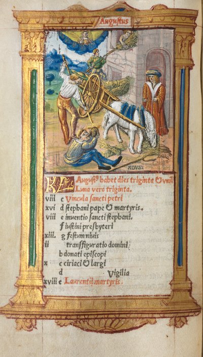 Trykt Timebok Bruk av Roma: fol. 9v, august kalenderillustrasjon, 1510. av Guillaume Le Rouge