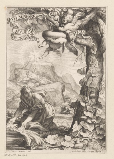 Allegorisk representasjon av en anerkjent kvinne som vanner et kalebastre; i bakgrunnsfigurene bestiger et fjell Tittelside for: Giovanni Baptista Ferrari, Fasti Senenses, Ab Academia Intronatorum Editi, 1661 av Guillaume Vallet