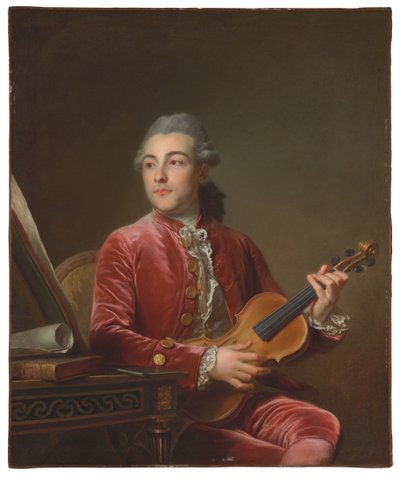 Portrett av en gentleman, halvlang, sittende i en rød fløyelsjakke med fiolin (olje på lerret) av Guillaume Voiriot