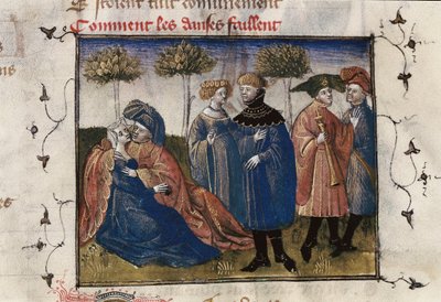 En galant scene av hoffmenn, miniatyr i "Roman de la Rose" av Guillaume Lorris av Guillaume de Lorris